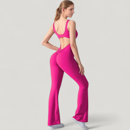 Anna-Kaci Active Women's Sleeveless Open Back Fitted Jumpsuit with Flare Leg Design