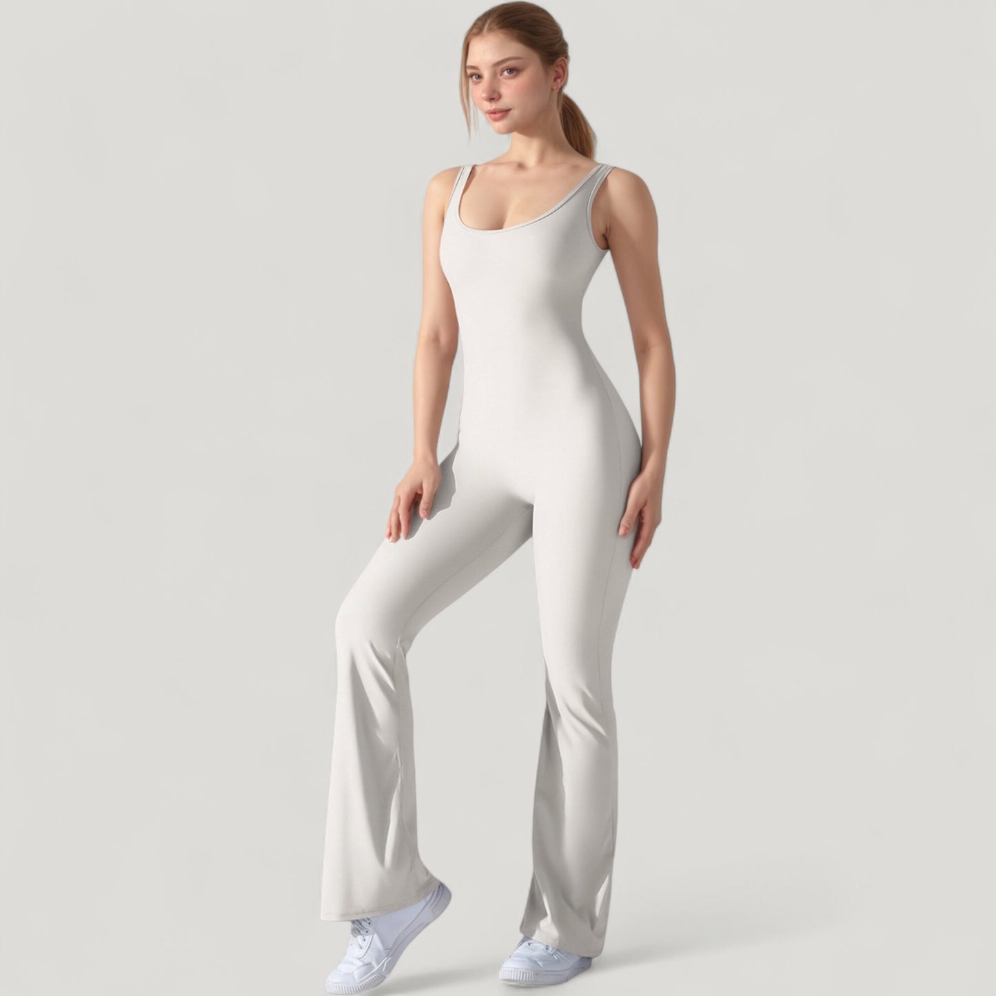 Anna-Kaci Active Women's Sleeveless Open Back Fitted Jumpsuit with Flare Leg Design