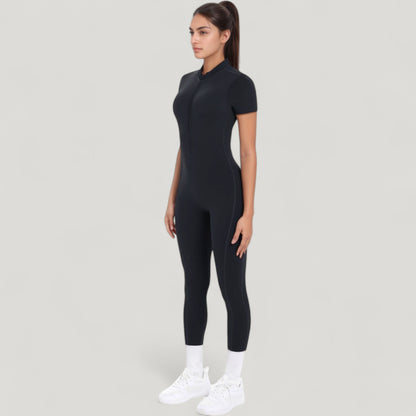 Anna-Kaci Active Women's Short Sleeve High Neck Open Back Zip-Up Jumpsuit with Fitted Silhouette and Scrunch Back Detail