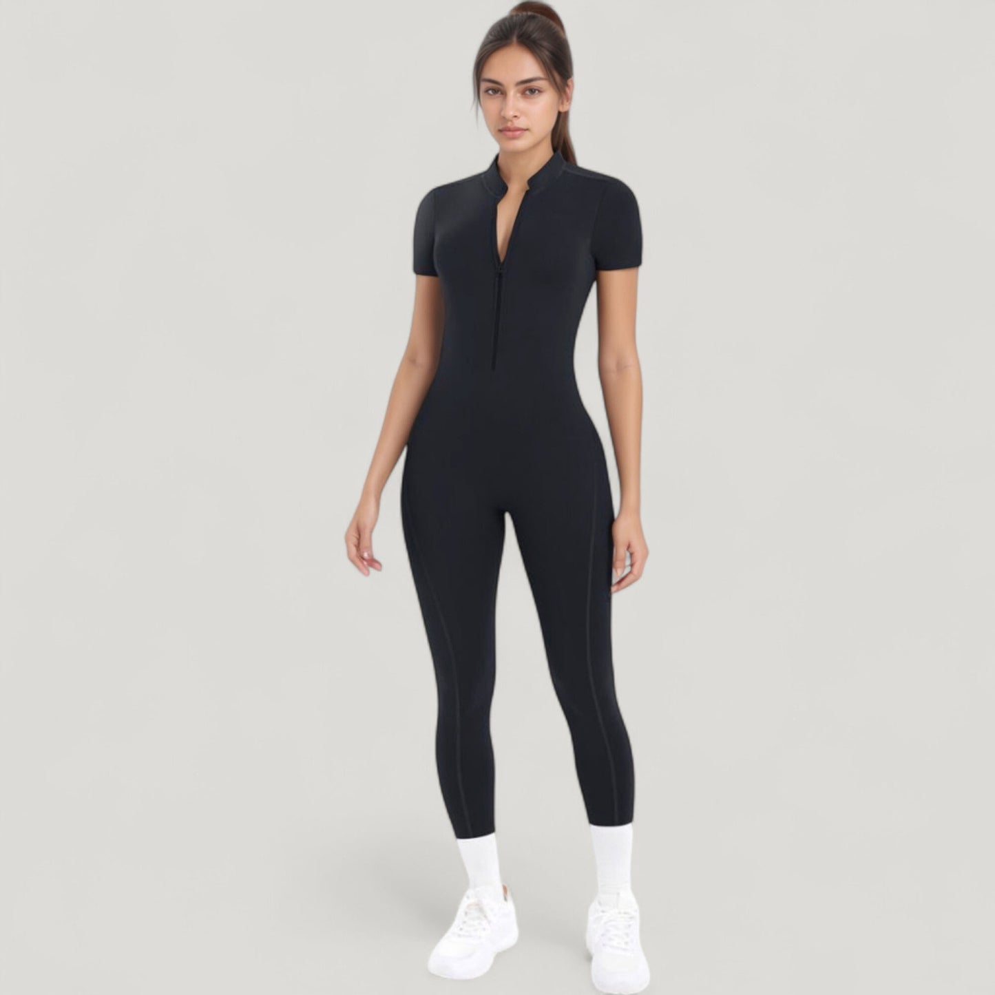 Anna-Kaci Active Women's Short Sleeve High Neck Open Back Zip-Up Jumpsuit with Fitted Silhouette and Scrunch Back Detail