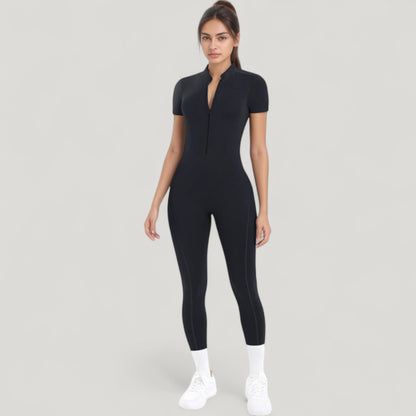 Anna-Kaci Active Women's Short Sleeve High Neck Open Back Zip-Up Jumpsuit with Fitted Silhouette and Scrunch Back Detail