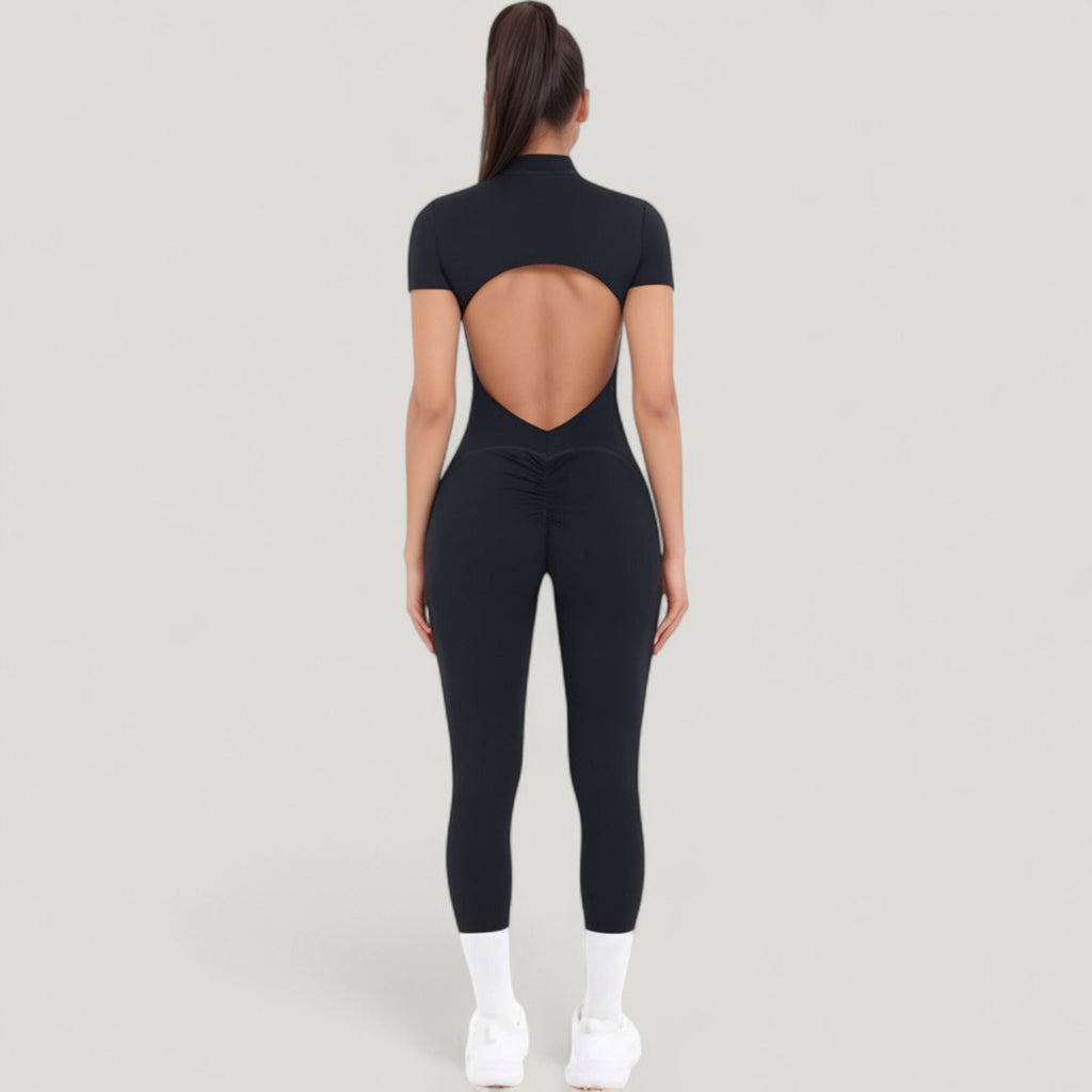 Anna-Kaci Active Women's Short Sleeve High Neck Open Back Zip-Up Jumpsuit with Fitted Silhouette and Scrunch Back Detail