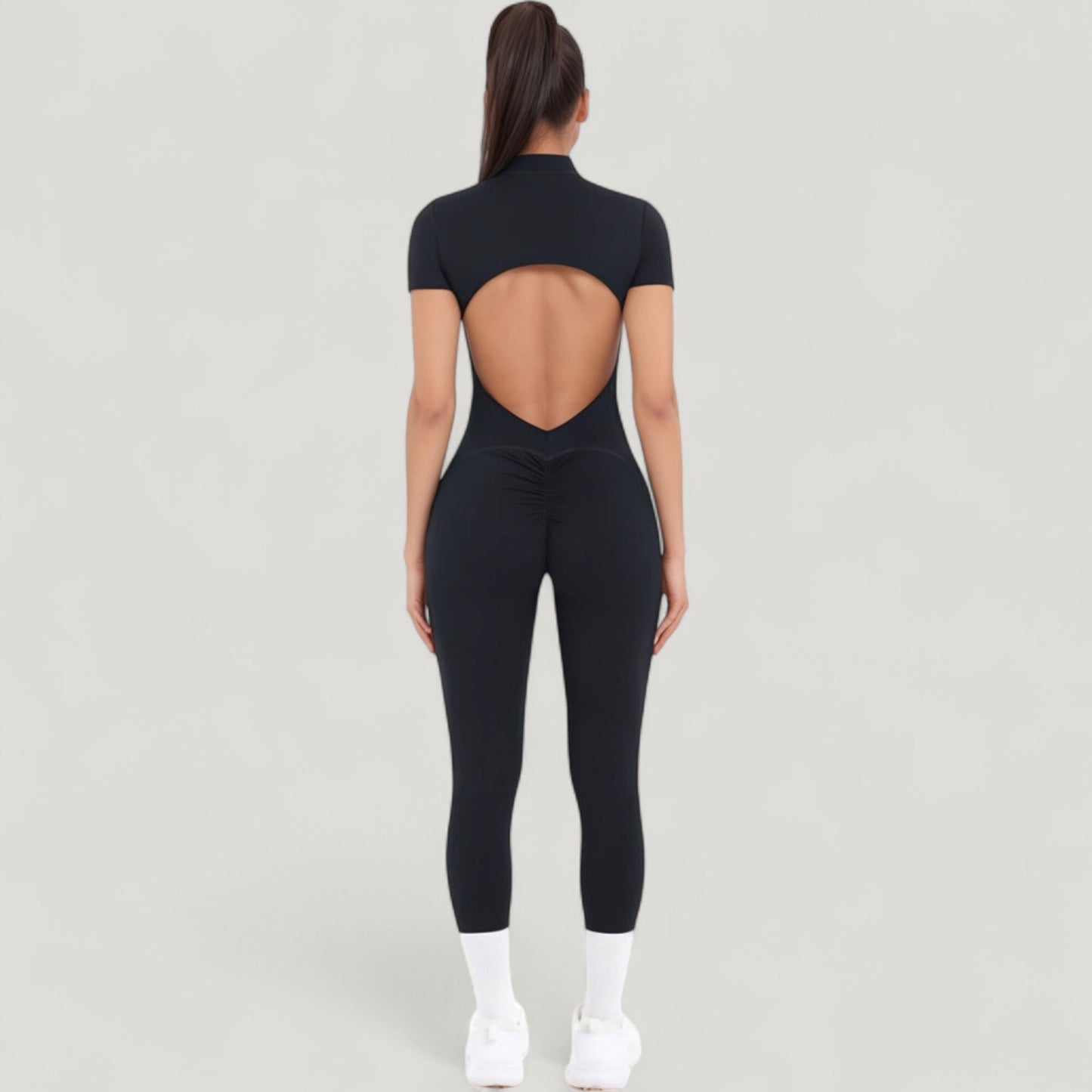 Anna-Kaci Active Women's Short Sleeve High Neck Open Back Zip-Up Jumpsuit with Fitted Silhouette and Scrunch Back Detail