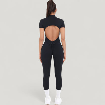 Anna-Kaci Active Women's Short Sleeve High Neck Open Back Zip-Up Jumpsuit with Fitted Silhouette and Scrunch Back Detail