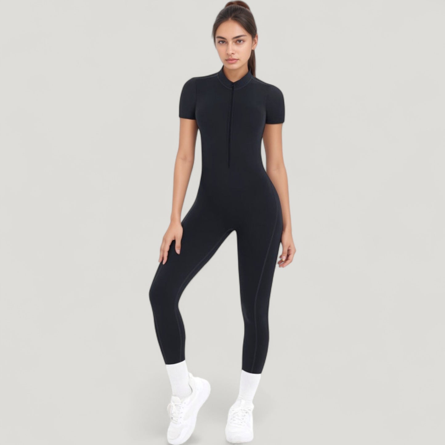 Anna-Kaci Active Women's Short Sleeve High Neck Open Back Zip-Up Jumpsuit with Fitted Silhouette and Scrunch Back Detail