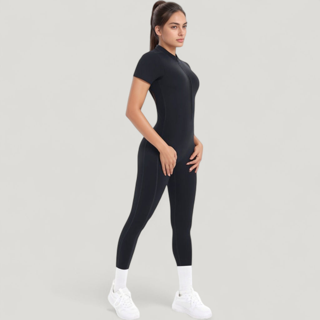 Anna-Kaci Active Women's Short Sleeve High Neck Open Back Zip-Up Jumpsuit with Fitted Silhouette and Scrunch Back Detail