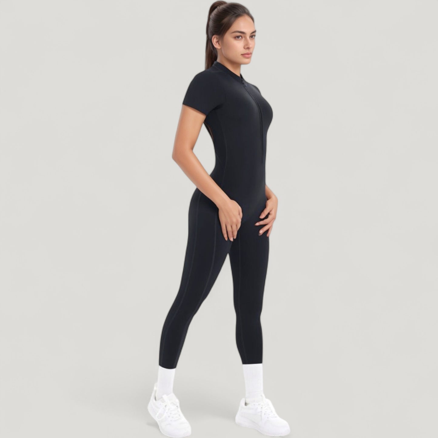 Anna-Kaci Active Women's Short Sleeve High Neck Open Back Zip-Up Jumpsuit with Fitted Silhouette and Scrunch Back Detail
