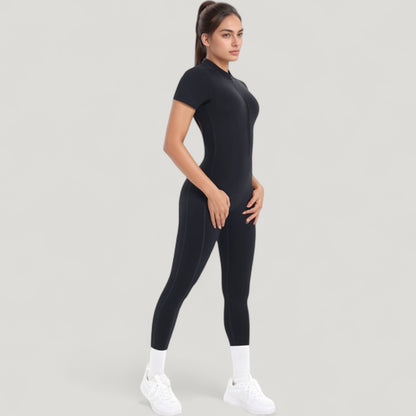 Anna-Kaci Active Women's Short Sleeve High Neck Open Back Zip-Up Jumpsuit with Fitted Silhouette and Scrunch Back Detail
