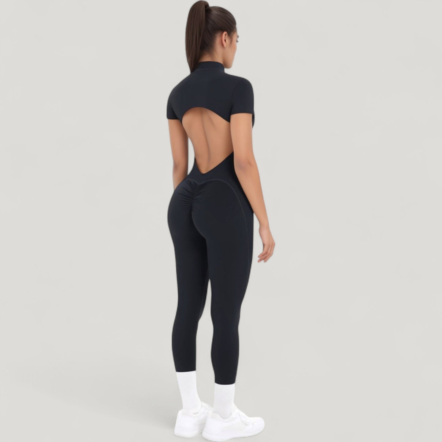 Anna-Kaci Active Women's Short Sleeve High Neck Open Back Zip-Up Jumpsuit with Fitted Silhouette and Scrunch Back Detail