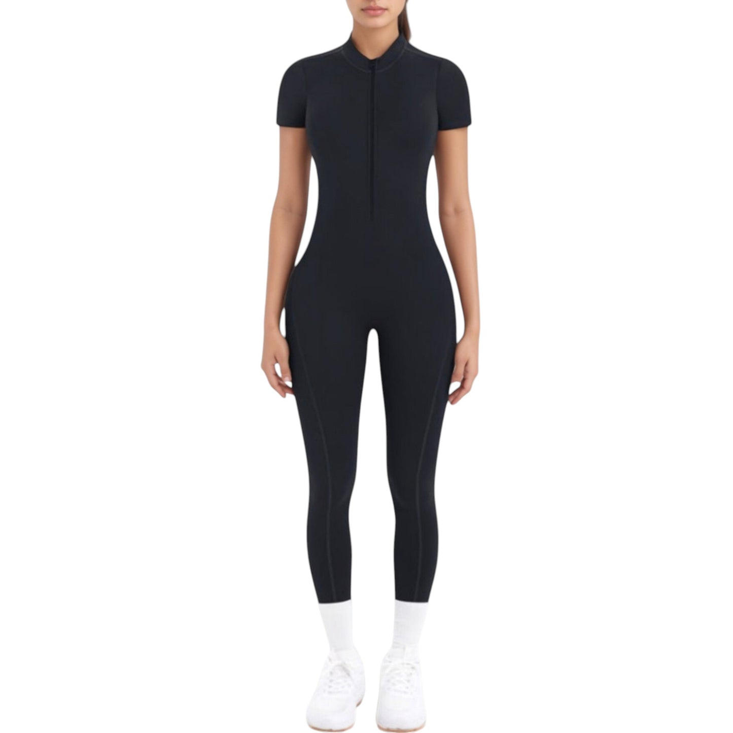 Anna-Kaci Active Women's Short Sleeve High Neck Open Back Zip-Up Jumpsuit with Fitted Silhouette and Scrunch Back Detail