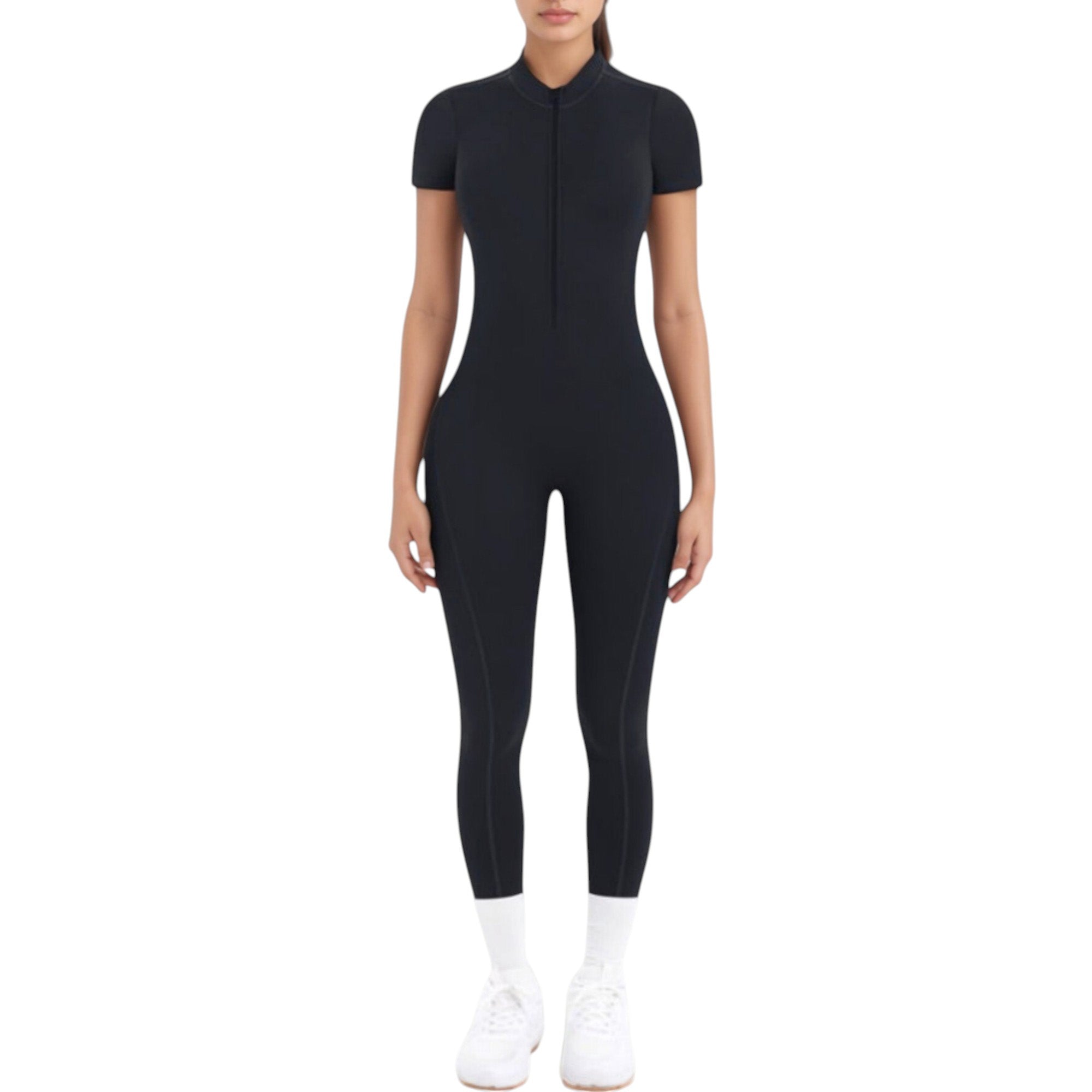 Anna-Kaci Active Women's Short Sleeve High Neck Open Back Zip-Up Jumpsuit with Fitted Silhouette and Scrunch Back Detail