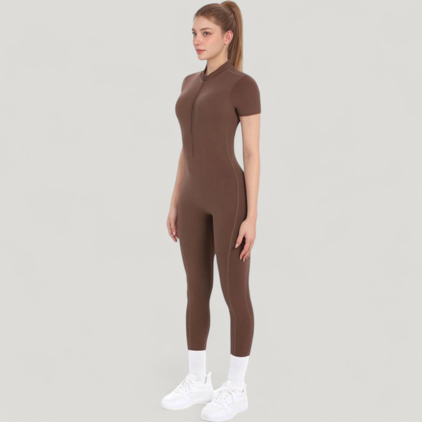 Anna-Kaci Active Women's Short Sleeve High Neck Open Back Zip-Up Jumpsuit with Fitted Silhouette and Scrunch Back Detail