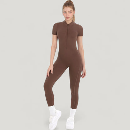 Anna-Kaci Active Women's Short Sleeve High Neck Open Back Zip-Up Jumpsuit with Fitted Silhouette and Scrunch Back Detail