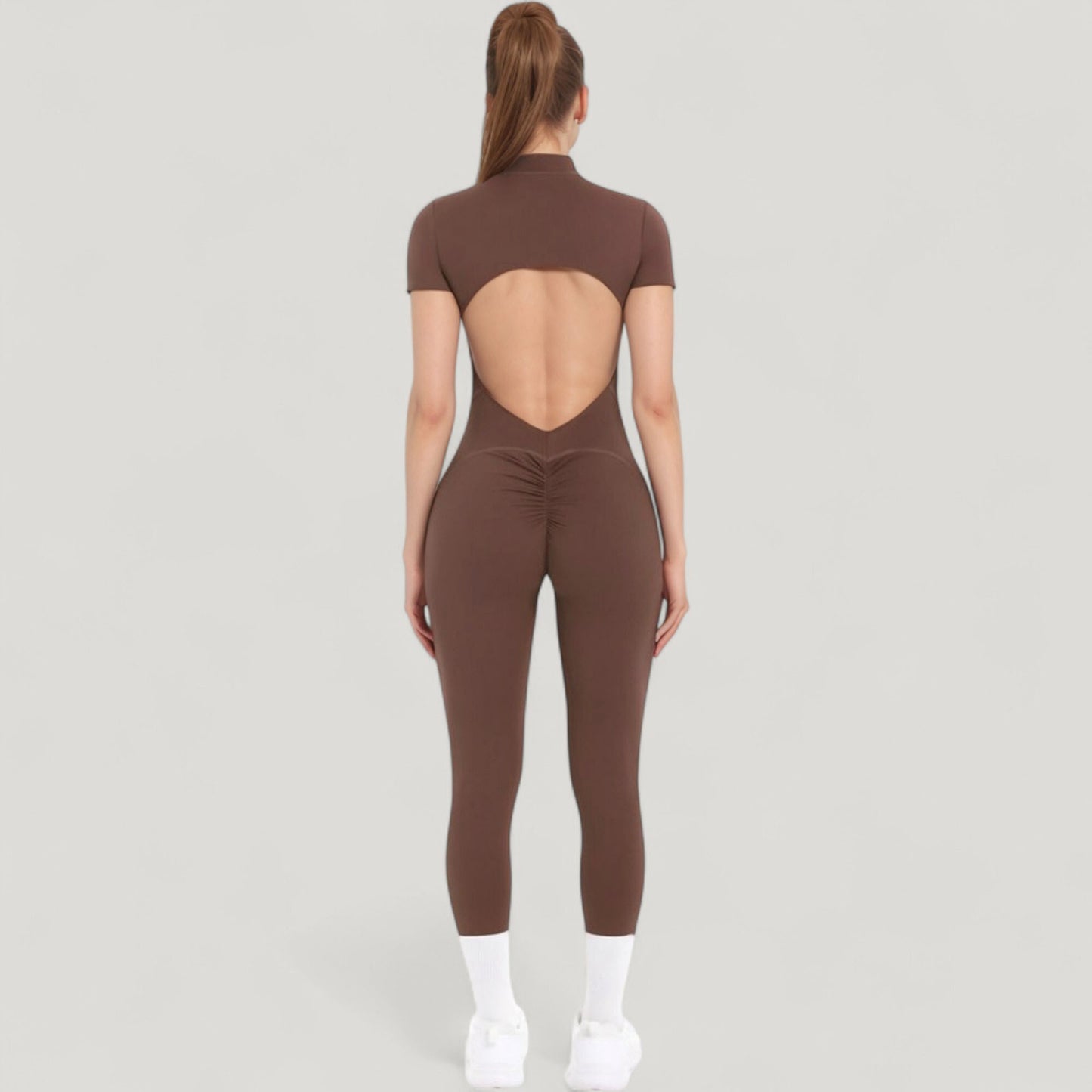Anna-Kaci Active Women's Short Sleeve High Neck Open Back Zip-Up Jumpsuit with Fitted Silhouette and Scrunch Back Detail