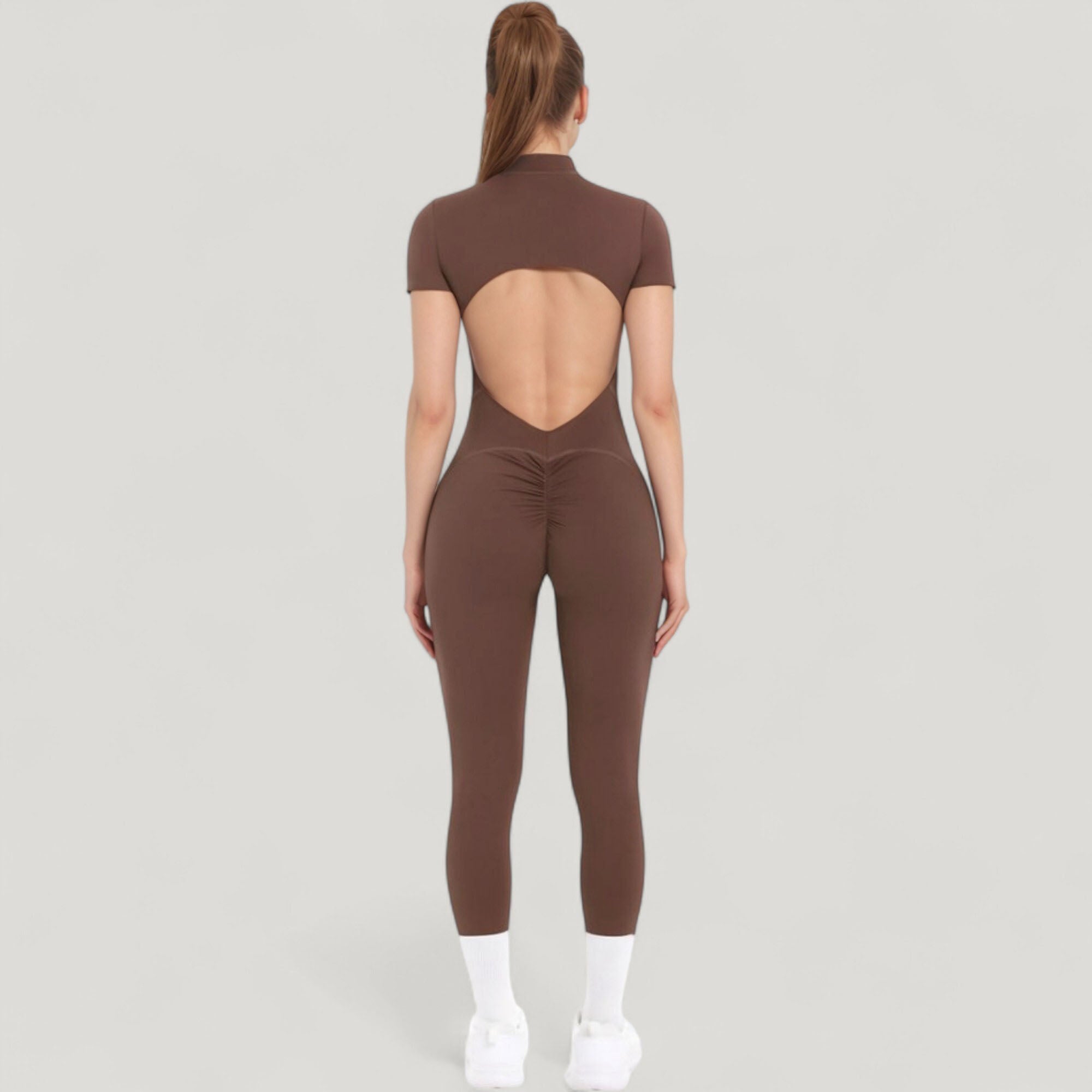 Anna-Kaci Active Women's Short Sleeve High Neck Open Back Zip-Up Jumpsuit with Fitted Silhouette and Scrunch Back Detail