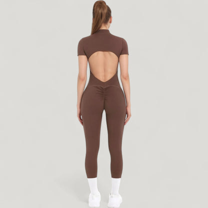 Anna-Kaci Active Women's Short Sleeve High Neck Open Back Zip-Up Jumpsuit with Fitted Silhouette and Scrunch Back Detail