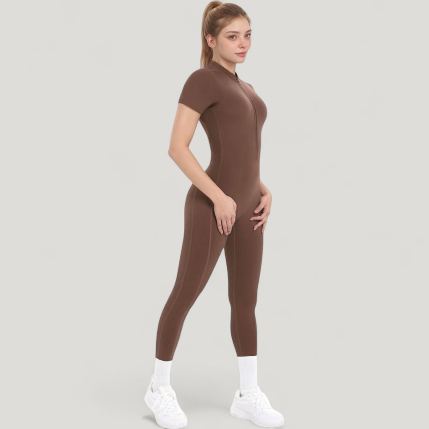 Anna-Kaci Active Women's Short Sleeve High Neck Open Back Zip-Up Jumpsuit with Fitted Silhouette and Scrunch Back Detail