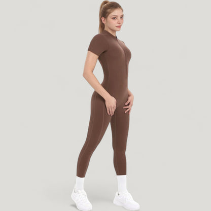 Anna-Kaci Active Women's Short Sleeve High Neck Open Back Zip-Up Jumpsuit with Fitted Silhouette and Scrunch Back Detail