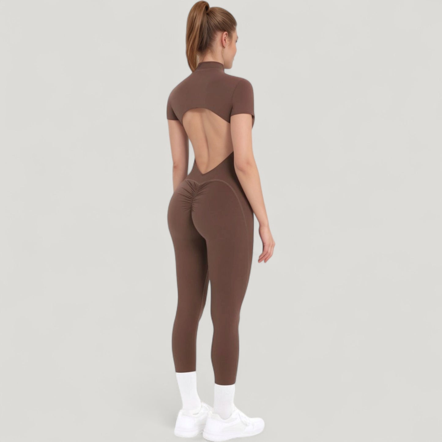Anna-Kaci Active Women's Short Sleeve High Neck Open Back Zip-Up Jumpsuit with Fitted Silhouette and Scrunch Back Detail