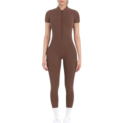 Anna-Kaci Active Women's Short Sleeve High Neck Open Back Zip-Up Jumpsuit with Fitted Silhouette and Scrunch Back Detail