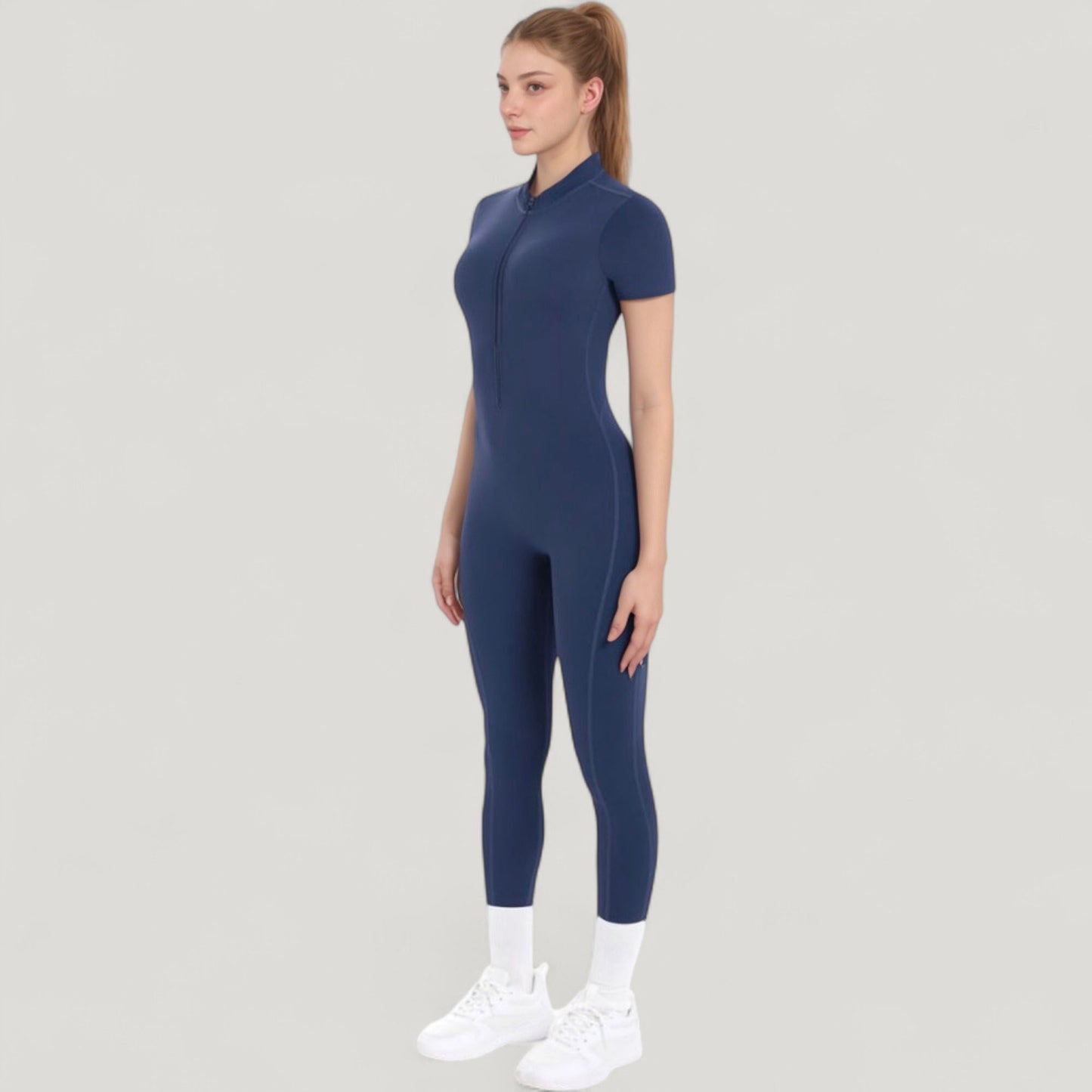 Anna-Kaci Active Women's Short Sleeve High Neck Open Back Zip-Up Jumpsuit with Fitted Silhouette and Scrunch Back Detail