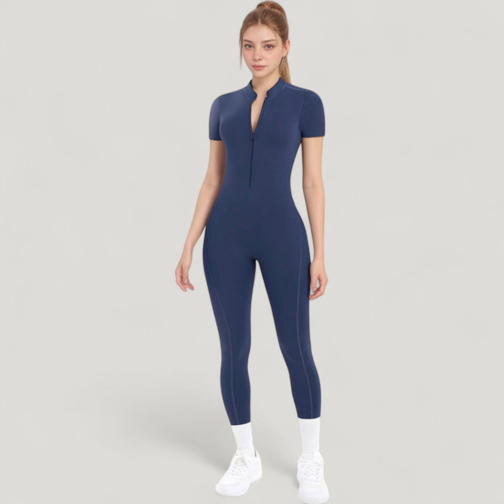 Anna-Kaci Active Women's Short Sleeve High Neck Open Back Zip-Up Jumpsuit with Fitted Silhouette and Scrunch Back Detail