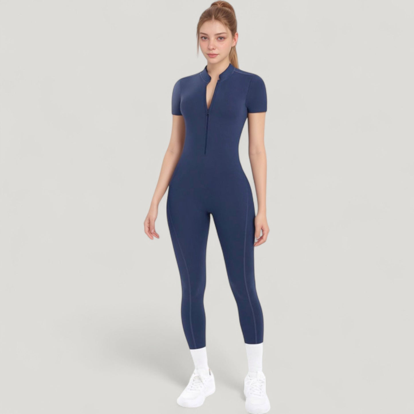 Anna-Kaci Active Women's Short Sleeve High Neck Open Back Zip-Up Jumpsuit with Fitted Silhouette and Scrunch Back Detail