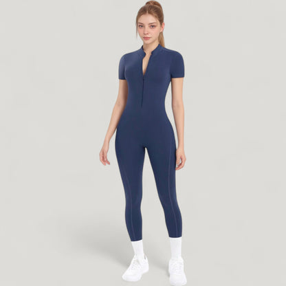 Anna-Kaci Active Women's Short Sleeve High Neck Open Back Zip-Up Jumpsuit with Fitted Silhouette and Scrunch Back Detail