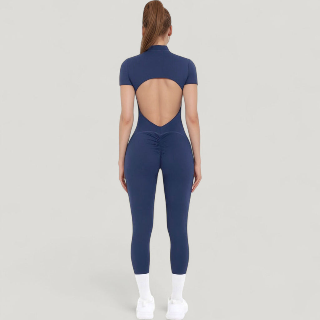 Anna-Kaci Active Women's Short Sleeve High Neck Open Back Zip-Up Jumpsuit with Fitted Silhouette and Scrunch Back Detail