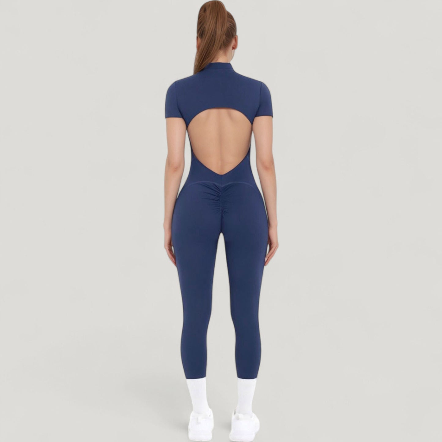 Anna-Kaci Active Women's Short Sleeve High Neck Open Back Zip-Up Jumpsuit with Fitted Silhouette and Scrunch Back Detail
