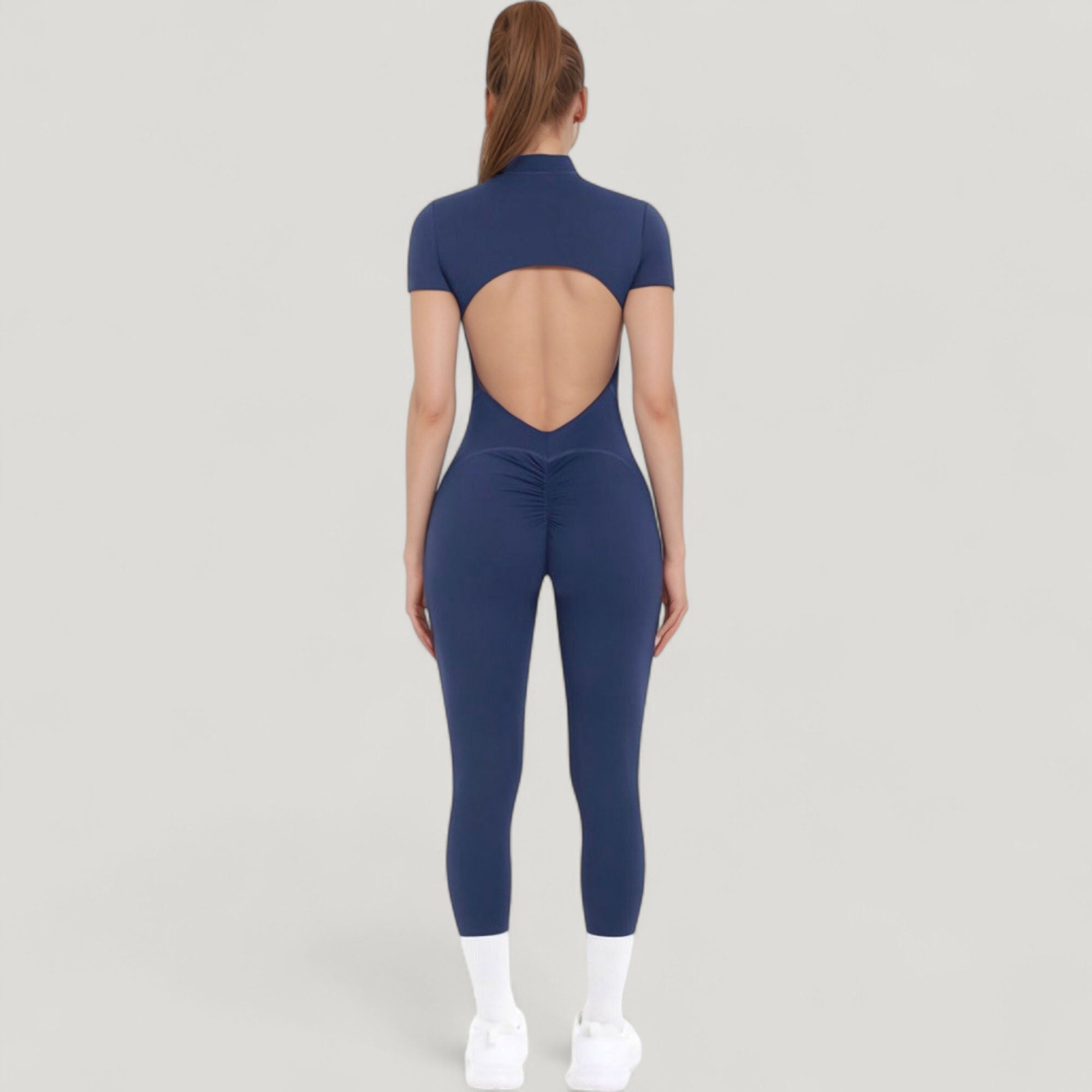 Anna-Kaci Active Women's Short Sleeve High Neck Open Back Zip-Up Jumpsuit with Fitted Silhouette and Scrunch Back Detail