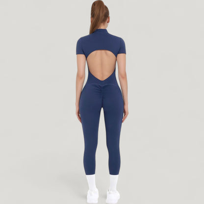 Anna-Kaci Active Women's Short Sleeve High Neck Open Back Zip-Up Jumpsuit with Fitted Silhouette and Scrunch Back Detail