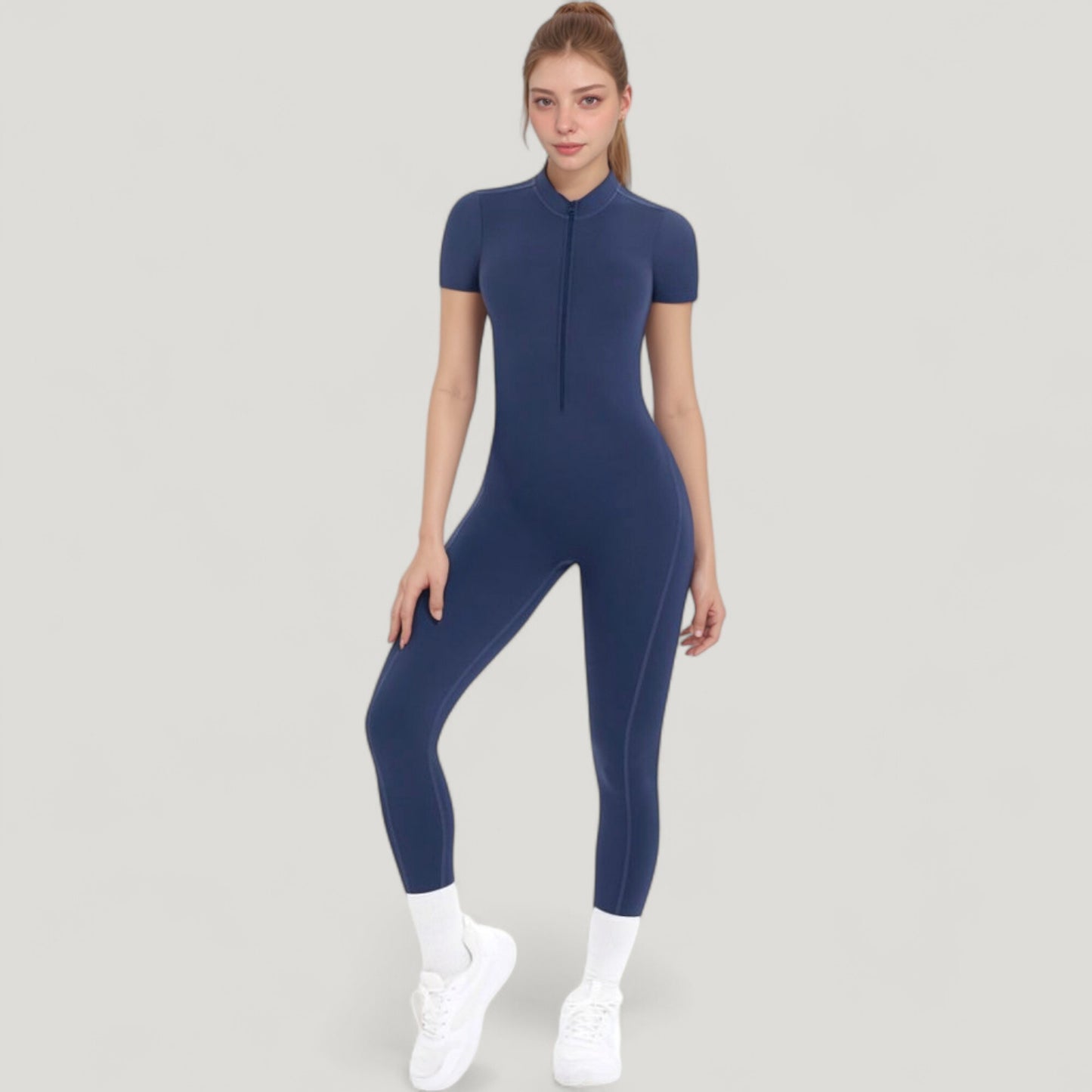 Anna-Kaci Active Women's Short Sleeve High Neck Open Back Zip-Up Jumpsuit with Fitted Silhouette and Scrunch Back Detail