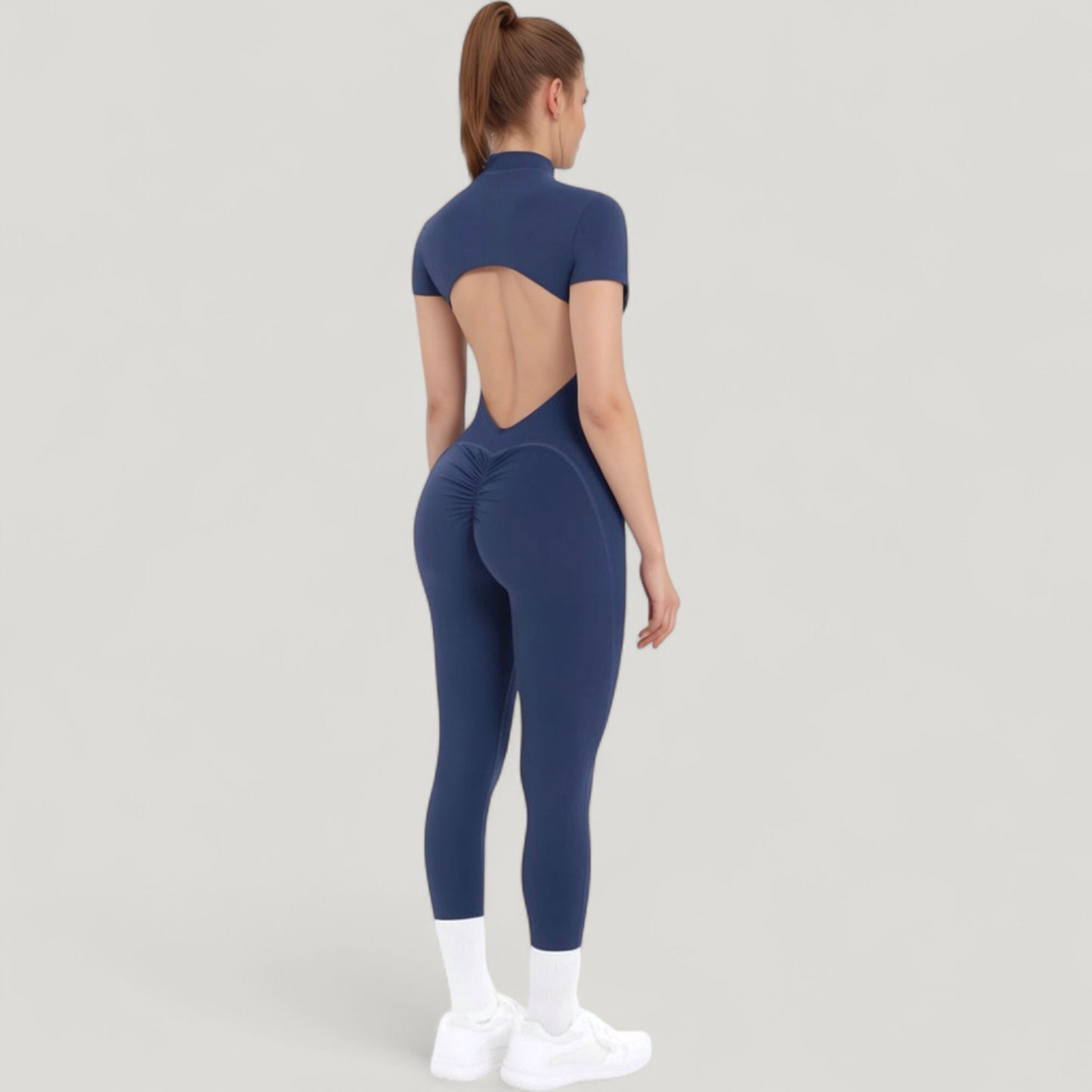 Anna-Kaci Active Women's Short Sleeve High Neck Open Back Zip-Up Jumpsuit with Fitted Silhouette and Scrunch Back Detail