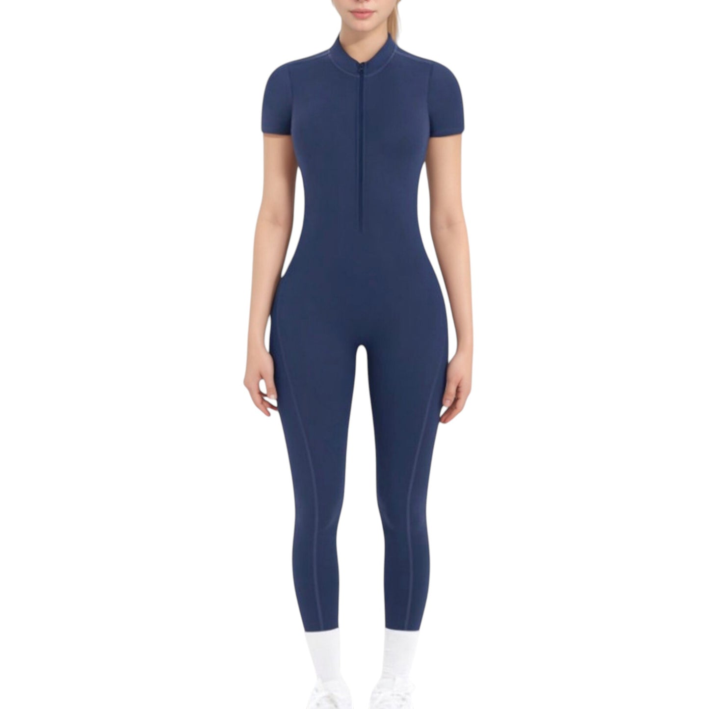 Anna-Kaci Active Women's Short Sleeve High Neck Open Back Zip-Up Jumpsuit with Fitted Silhouette and Scrunch Back Detail