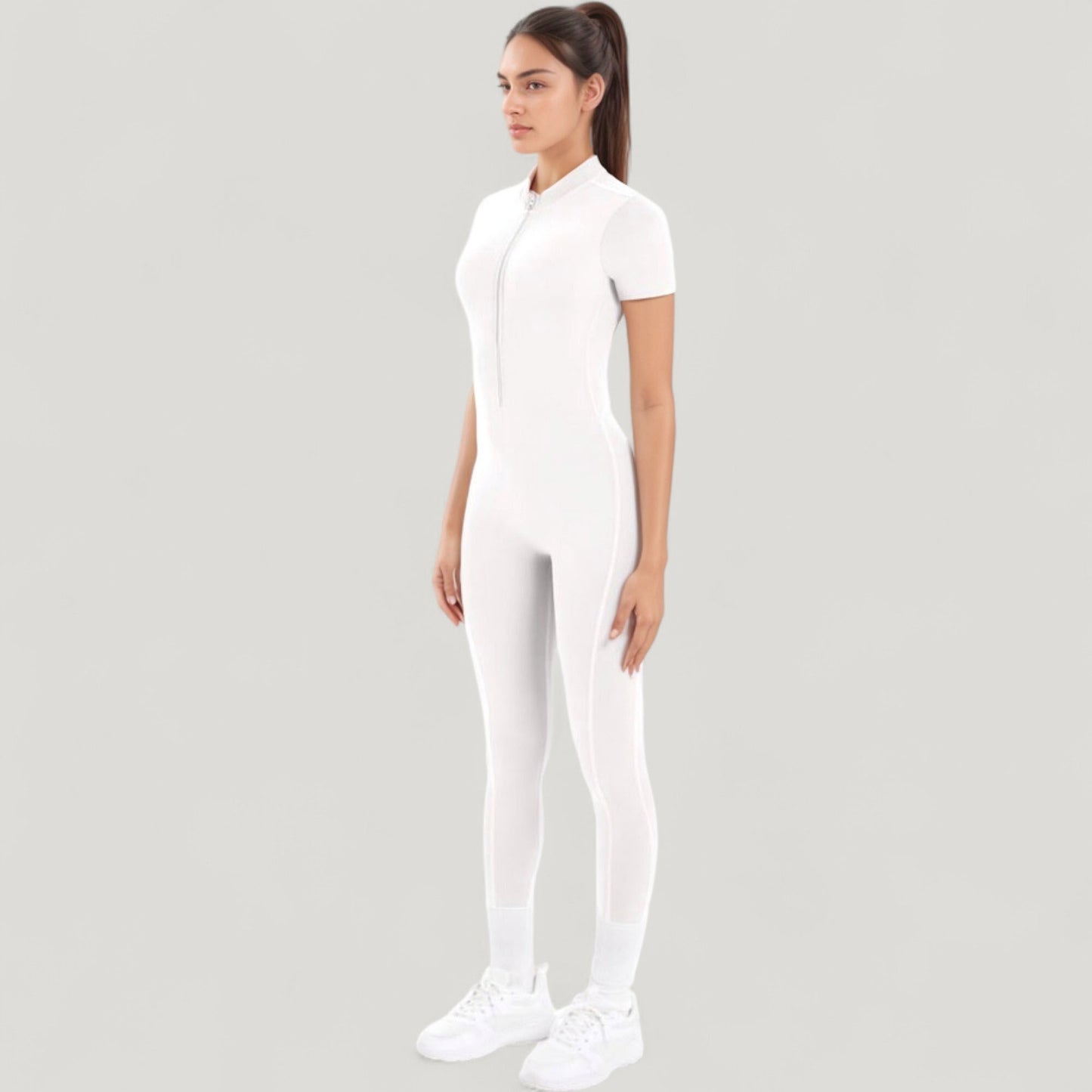 Anna-Kaci Active Women's Short Sleeve High Neck Open Back Zip-Up Jumpsuit with Fitted Silhouette and Scrunch Back Detail