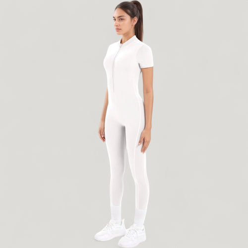 Anna-Kaci Active Women's Short Sleeve High Neck Open Back Zip-Up Jumpsuit with Fitted Silhouette and Scrunch Back Detail