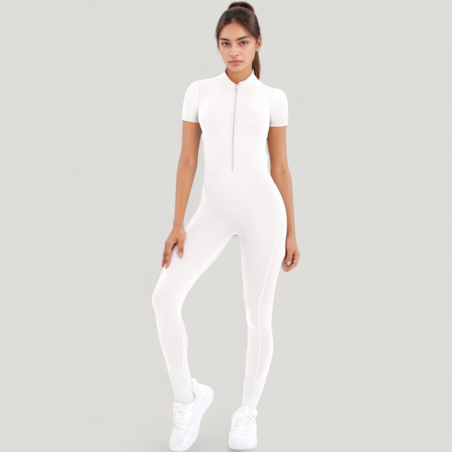 Anna-Kaci Active Women's Short Sleeve High Neck Open Back Zip-Up Jumpsuit with Fitted Silhouette and Scrunch Back Detail