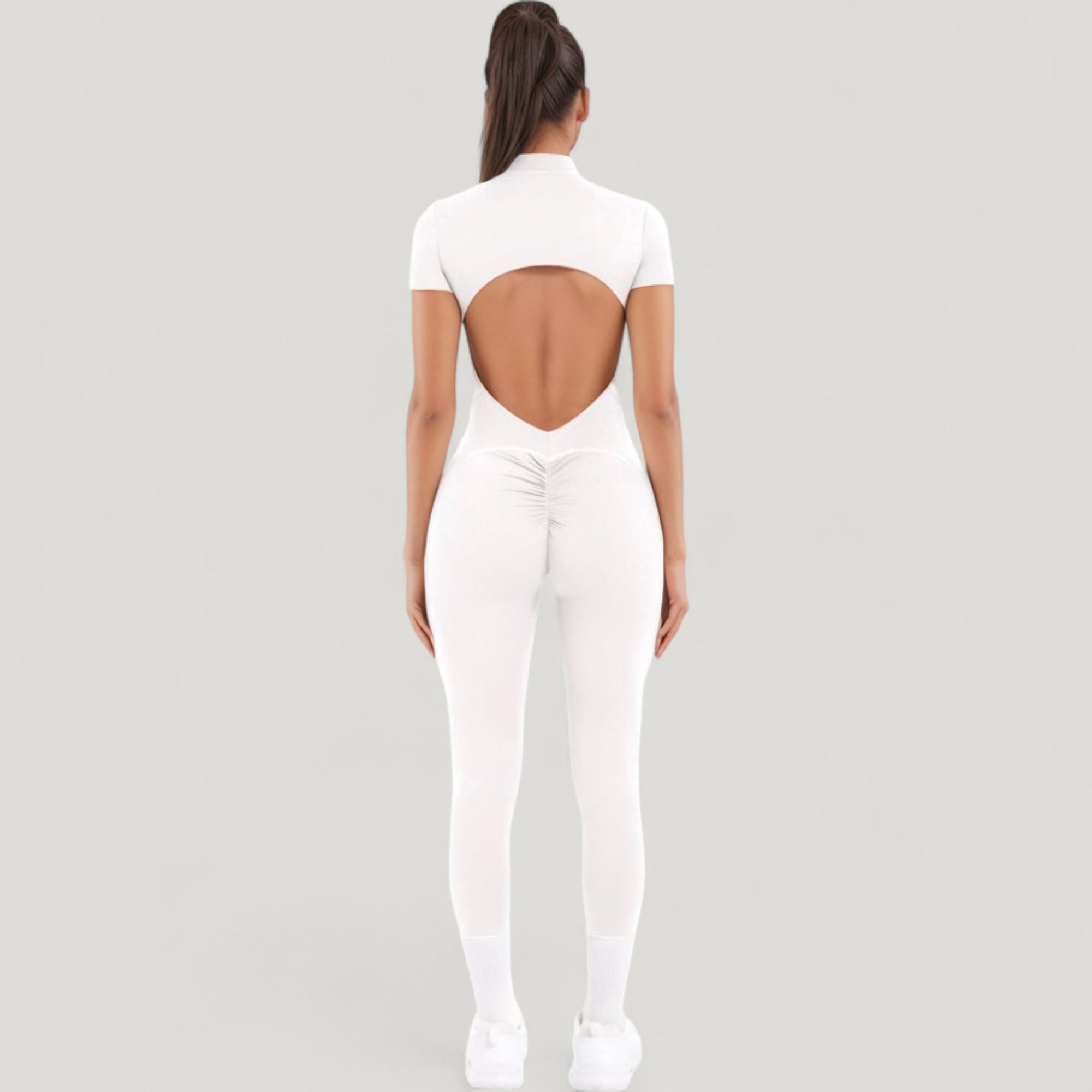 Anna-Kaci Active Women's Short Sleeve High Neck Open Back Zip-Up Jumpsuit with Fitted Silhouette and Scrunch Back Detail