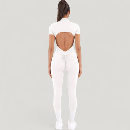 Anna-Kaci Active Women's Short Sleeve High Neck Open Back Zip-Up Jumpsuit with Fitted Silhouette and Scrunch Back Detail