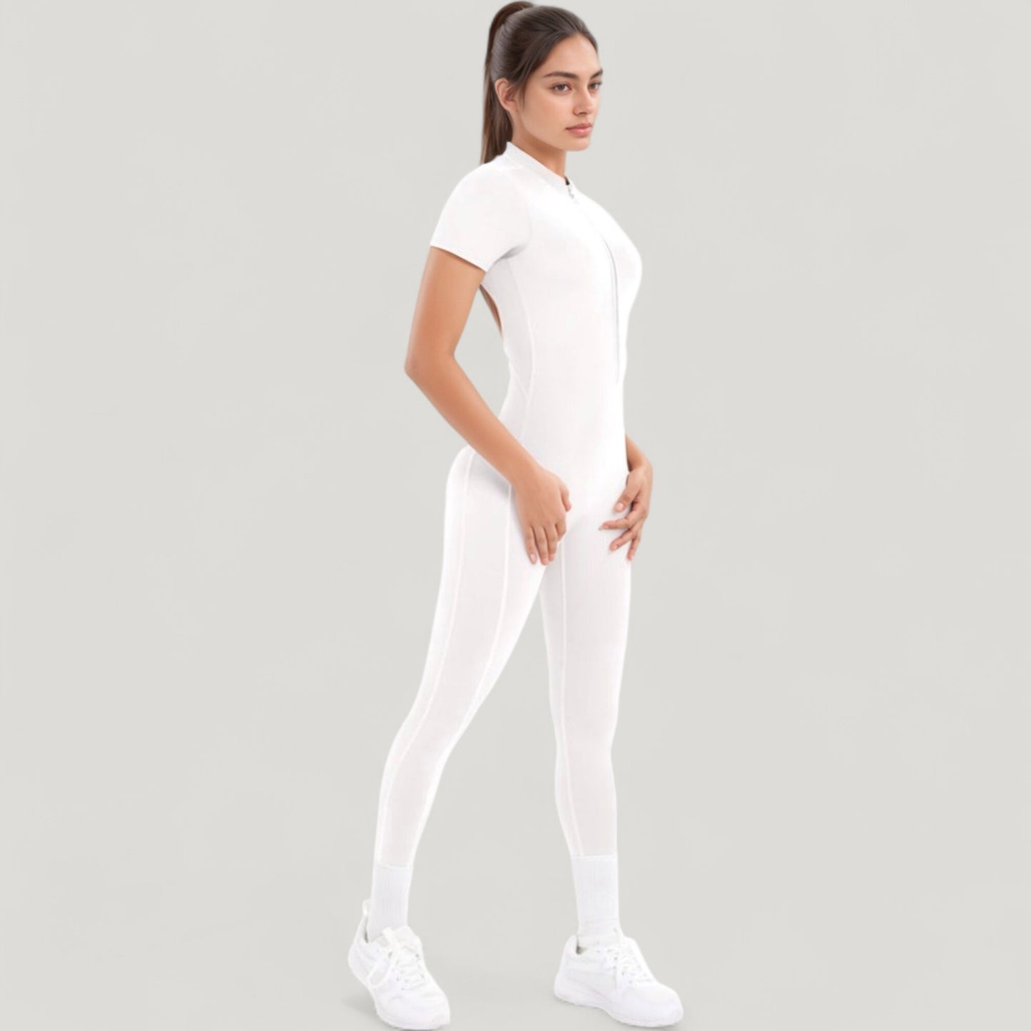 Anna-Kaci Active Women's Short Sleeve High Neck Open Back Zip-Up Jumpsuit with Fitted Silhouette and Scrunch Back Detail