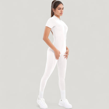 Anna-Kaci Active Women's Short Sleeve High Neck Open Back Zip-Up Jumpsuit with Fitted Silhouette and Scrunch Back Detail
