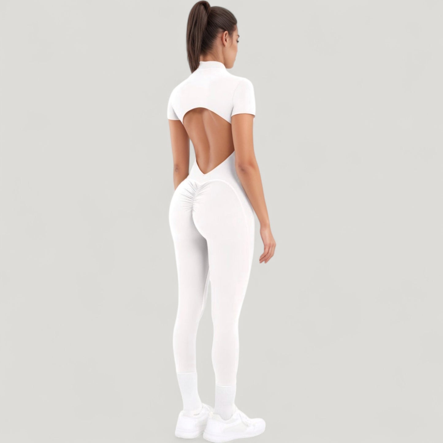 Anna-Kaci Active Women's Short Sleeve High Neck Open Back Zip-Up Jumpsuit with Fitted Silhouette and Scrunch Back Detail