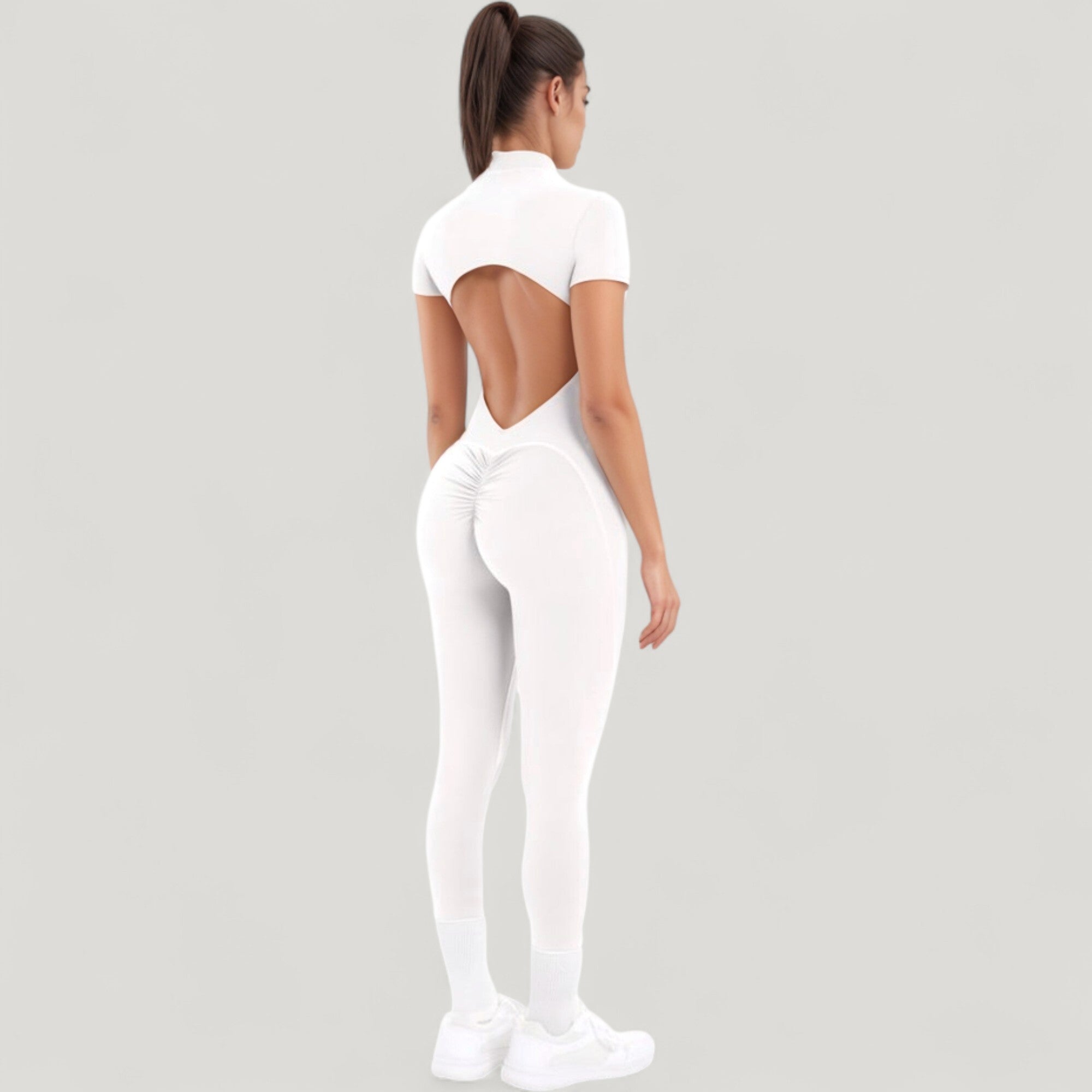 Anna-Kaci Active Women's Short Sleeve High Neck Open Back Zip-Up Jumpsuit with Fitted Silhouette and Scrunch Back Detail