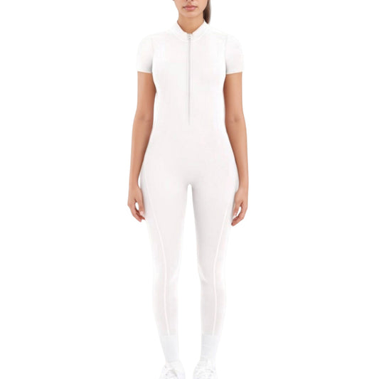 Anna-Kaci Active Women's Short Sleeve High Neck Open Back Zip-Up Jumpsuit with Fitted Silhouette and Scrunch Back Detail