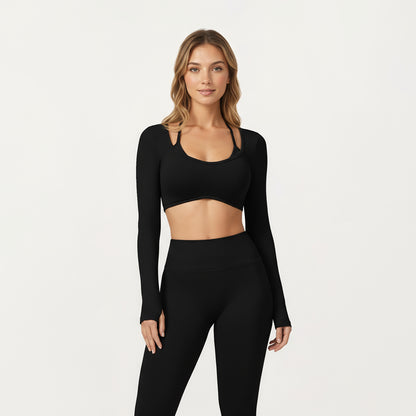Anna-Kaci Active Women's Long Sleeve Crop Top with Contrast Trim and Scoop Neckline