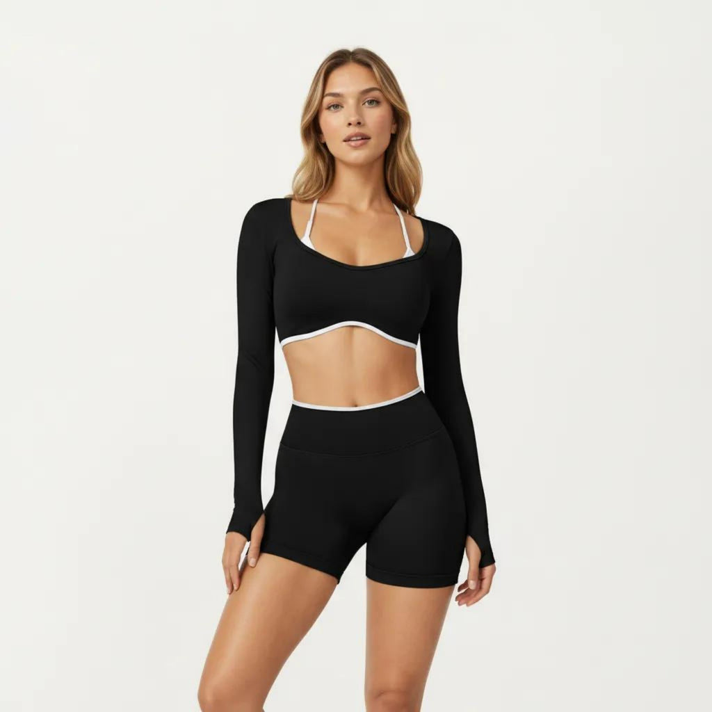 Anna-Kaci Active Women's Long Sleeve Crop Top with Contrast Trim and Scoop Neckline