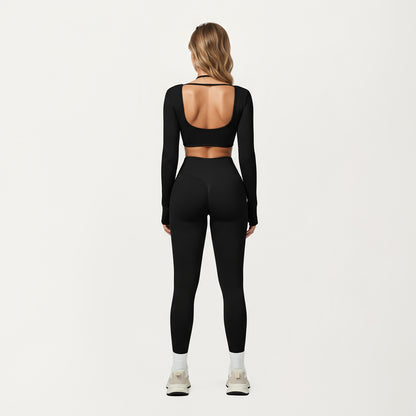 Anna-Kaci Active Women's Long Sleeve Crop Top with Contrast Trim and Scoop Neckline