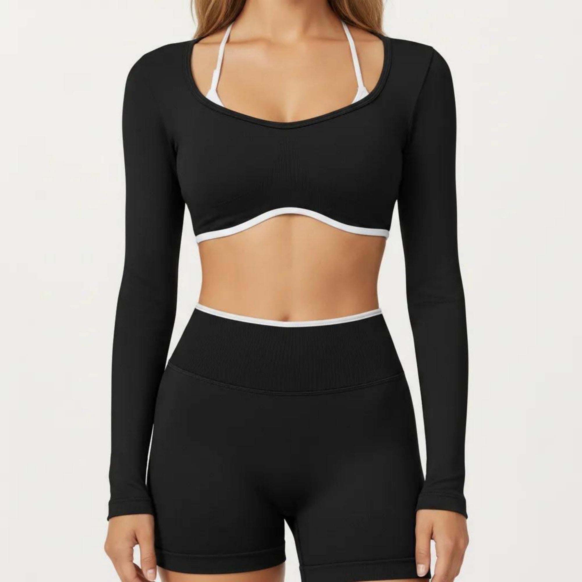 Anna-Kaci Active Women's Long Sleeve Crop Top with Contrast Trim and Scoop Neckline