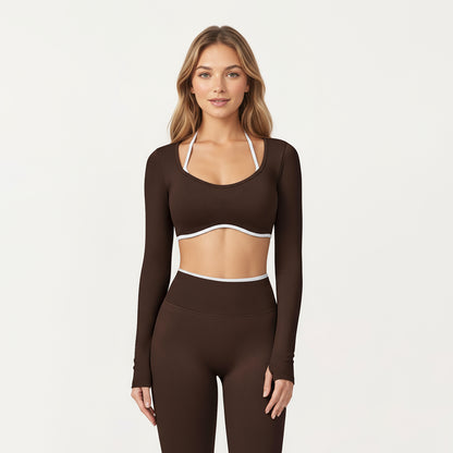 Anna-Kaci Active Women's Long Sleeve Crop Top with Contrast Trim and Scoop Neckline